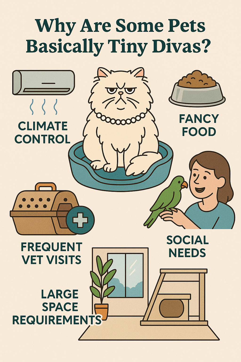 A detailed infographic-style image titled 'Why Are Some Pets Basically Tiny Divas?' highlighting the challenges of caring for demanding pets such as climate control, fancy food, social needs, frequent vet visits, and large space requirements.