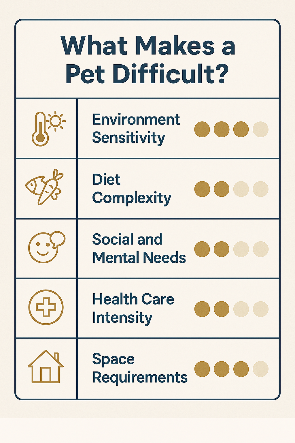 A comparison chart or scorecard visual titled 'What Makes a Pet Difficult?' depicting categories like environment sensitivity, diet complexity, social and mental needs, health care intensity, and space requirements, with icons representing each category.