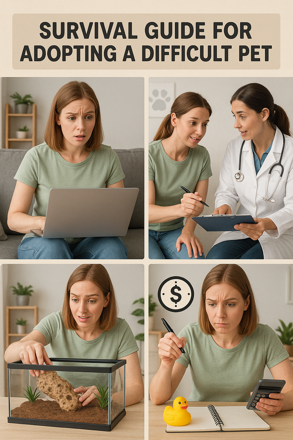 A motivational and preparatory scene showing a new pet owner researching, consulting with veterinarians, preparing a custom habitat, budgeting time and money, and practicing with simpler pets, symbolizing the survival guide for adopting a difficult pet.