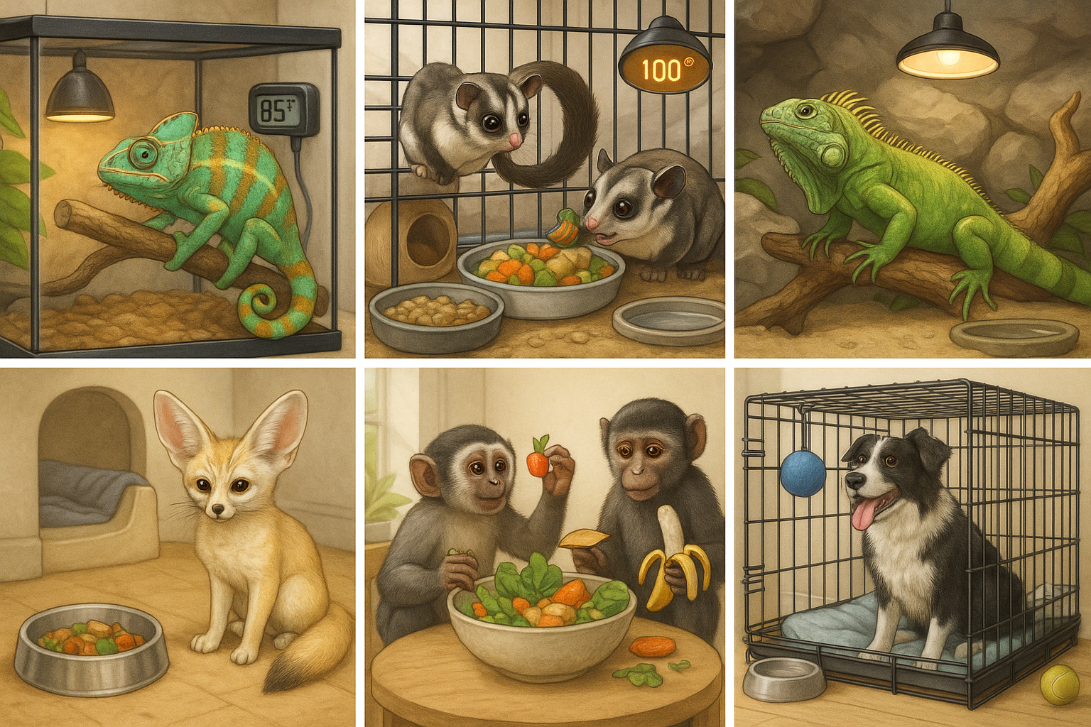 Illustration of a variety of high-maintenance pets (chameleons, sugar gliders, iguanas, fennec foxes, primates, and active dog breeds) in their specialized habitats, showcasing their unique needs like temperature control, social interaction, and custom diets.